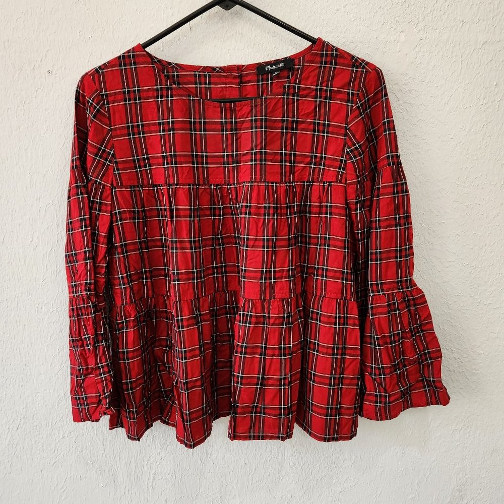 Madewell Pullover Top Womens Medoum 3 Tier Red Black Plaid Top Shirt Peplum